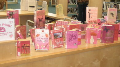 Think Pink book display bestsellers debut novels fiction