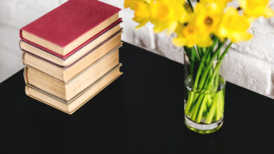 Spring daffodils and books