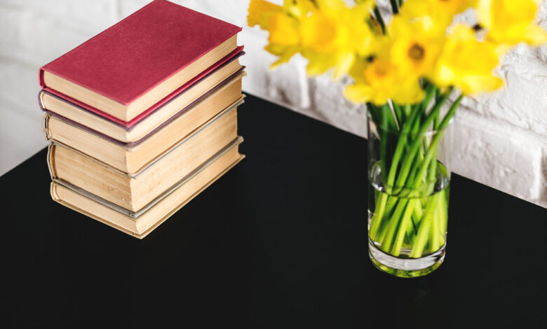 Spring daffodils and books